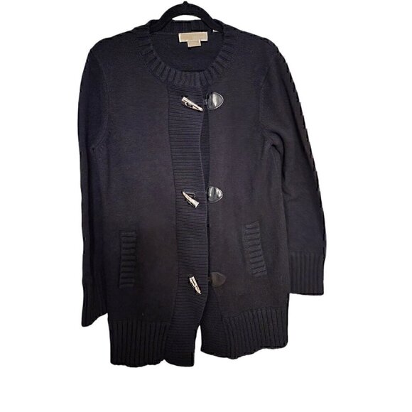 Michael Kors Black Toggle Cardigan Jacket Sweater Size Large Petite Wool Blend - Picture 1 of 7